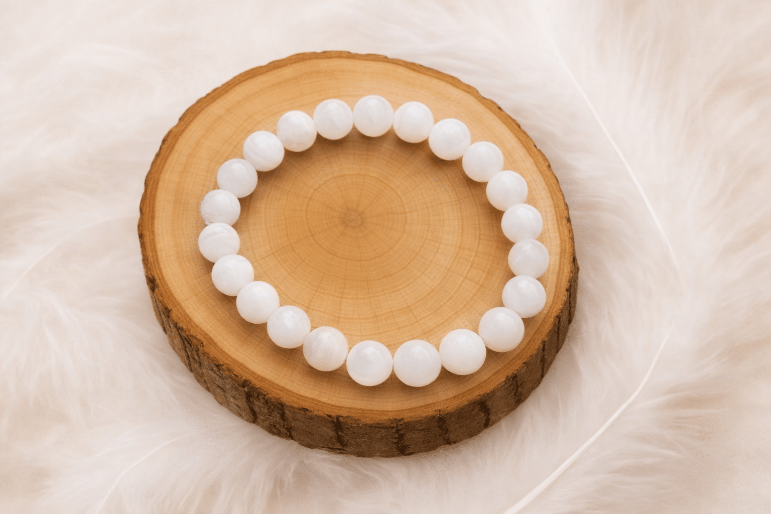 Bracelet pierre de lune blanche naturelle 8 mm sur rondin en bois