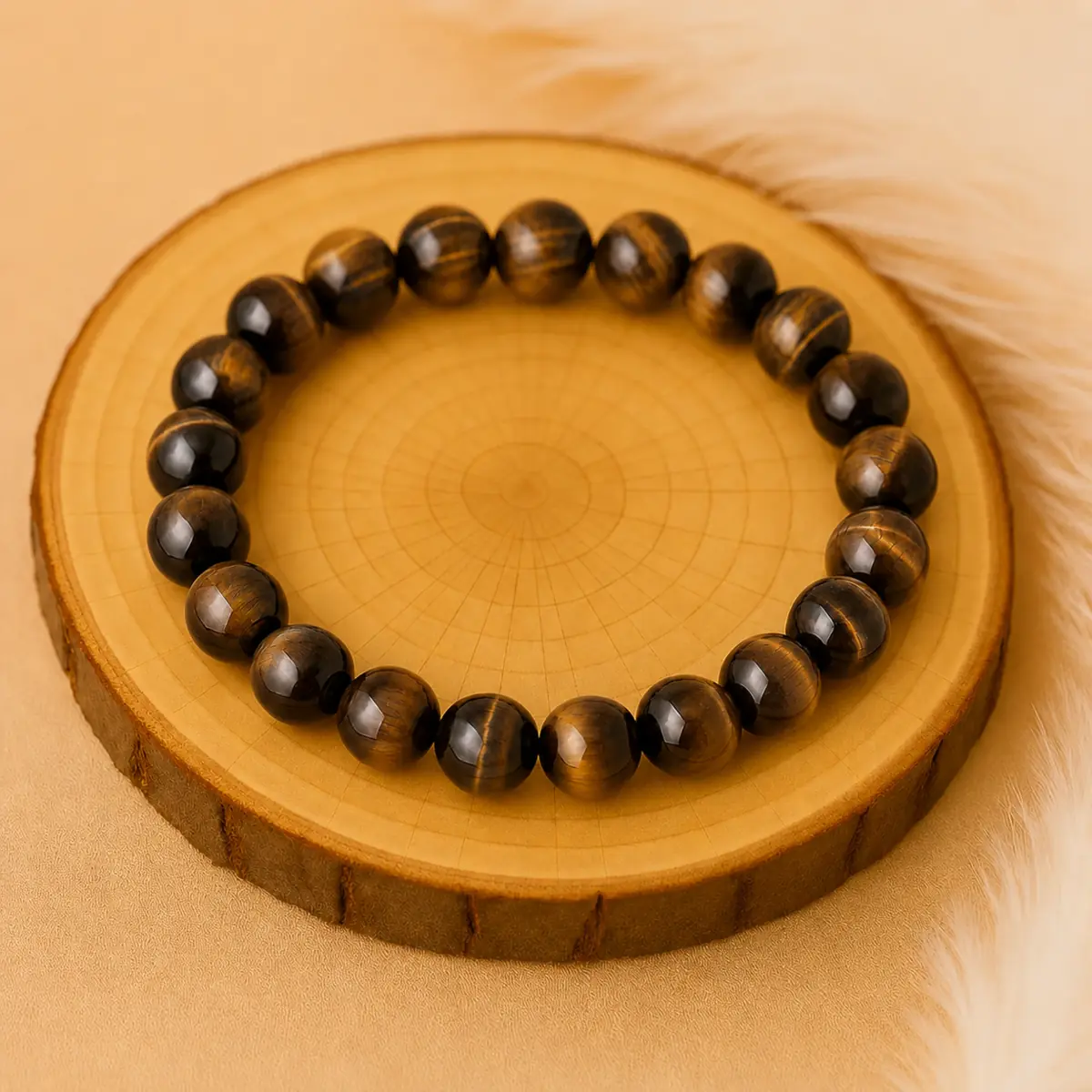 Bracelet en œil de tigre véritable qualité AAA sur rondin de bois