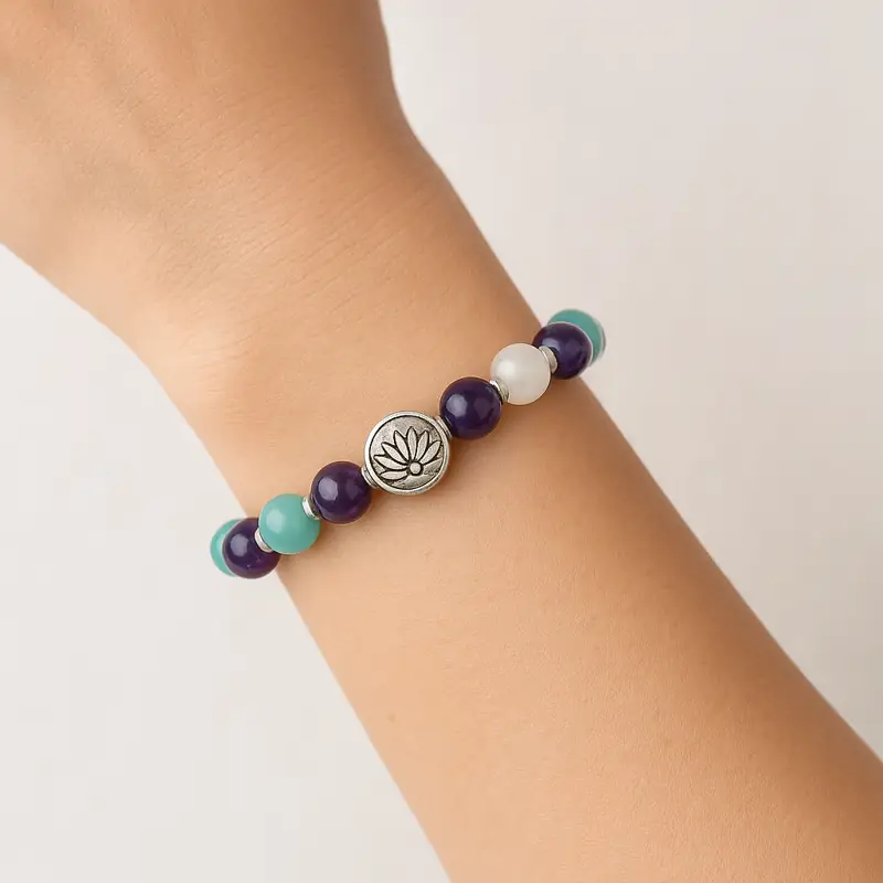 Bijou énergétique anti-stress en pierres naturelles Amazonite et Améthyste