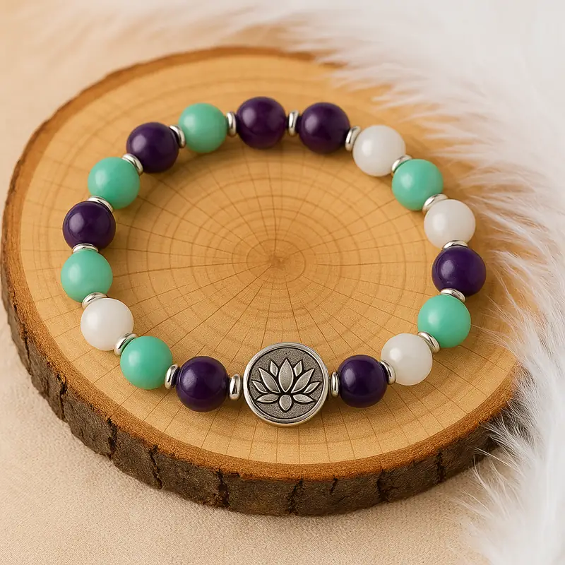 Bracelet anti-stress en pierres naturelles Amazonite Améthyste Sélénite avec perle Lotus argentée