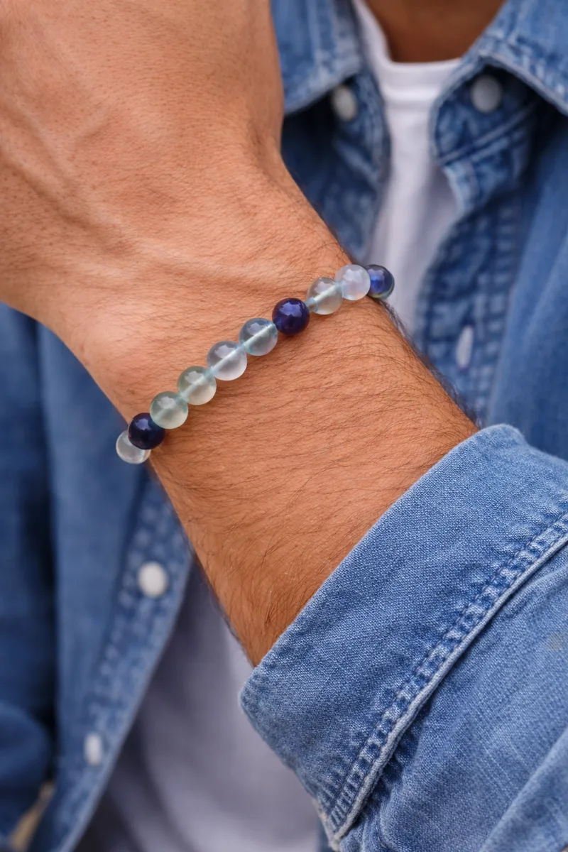 Bracelet fluorine en pierres naturelles porté au poignet d’un homme