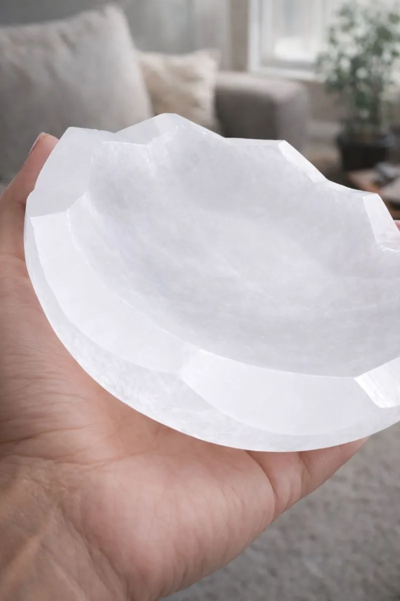 Bol en sélénite blanche facetté, tenu dans la main, pierre naturelle lumineuse et élégante.