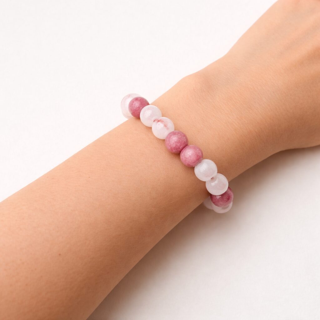 Bracelet confiance en soi en quartz rose et rhodonite porté au poignet, pierres naturelles 8 mm