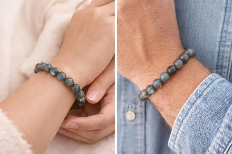 Bracelet labradorite porté au poignet femme et homme en pierres naturelles