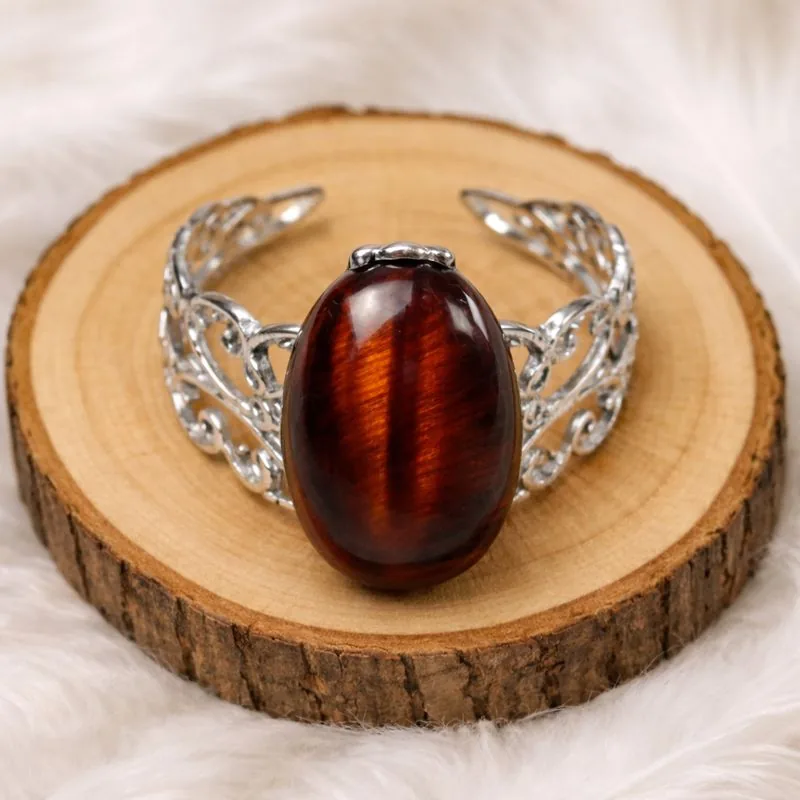 Bague réglable œil de taureau sur rondin en bois, bijou en pierre naturelle