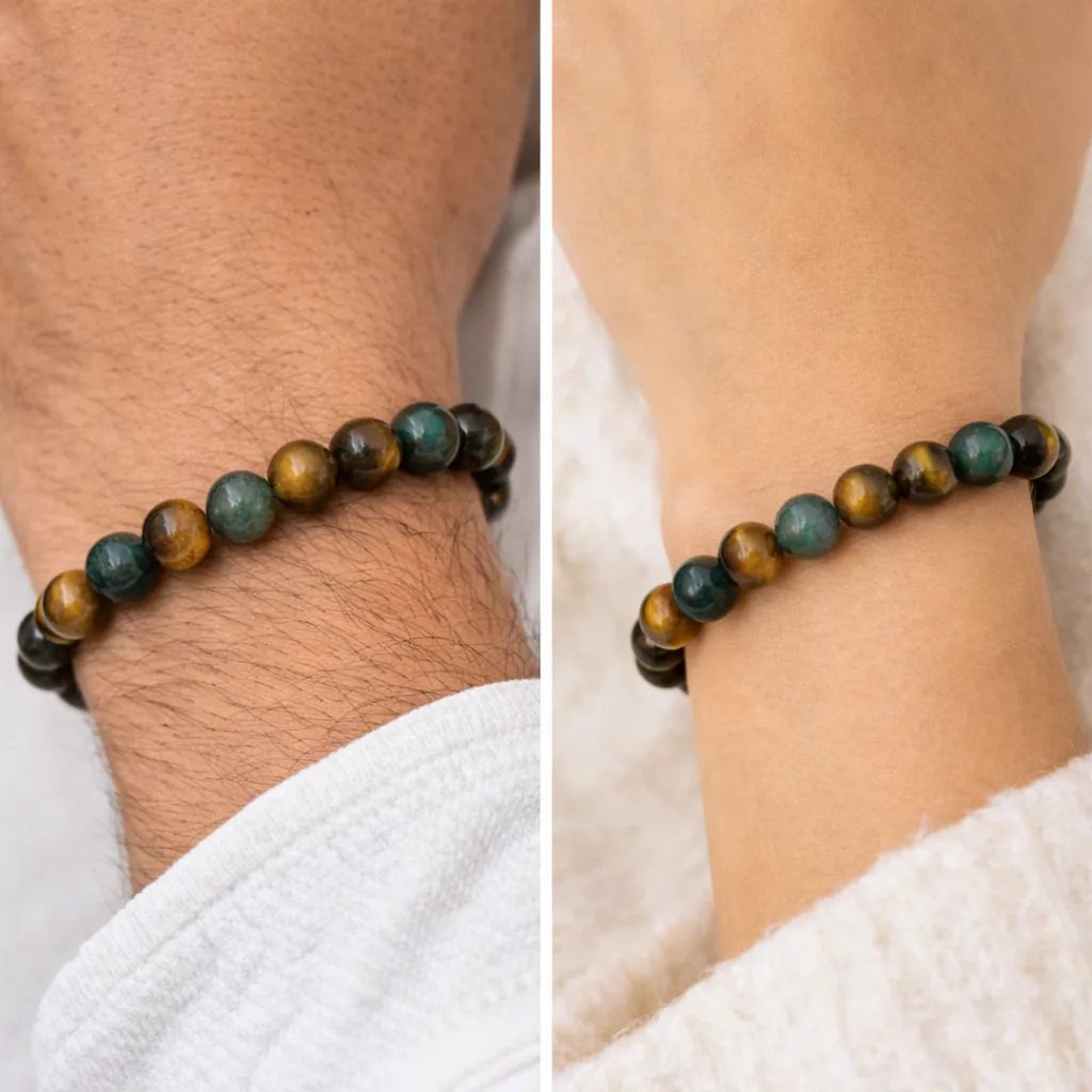 Bracelet Agate Mousse et Œil de Tigre porté homme et femme