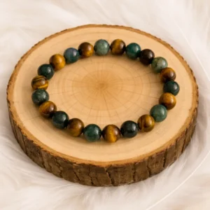Bracelet Agate Mousse et Œil de Tigre sur rondin en bois – pierres naturelles