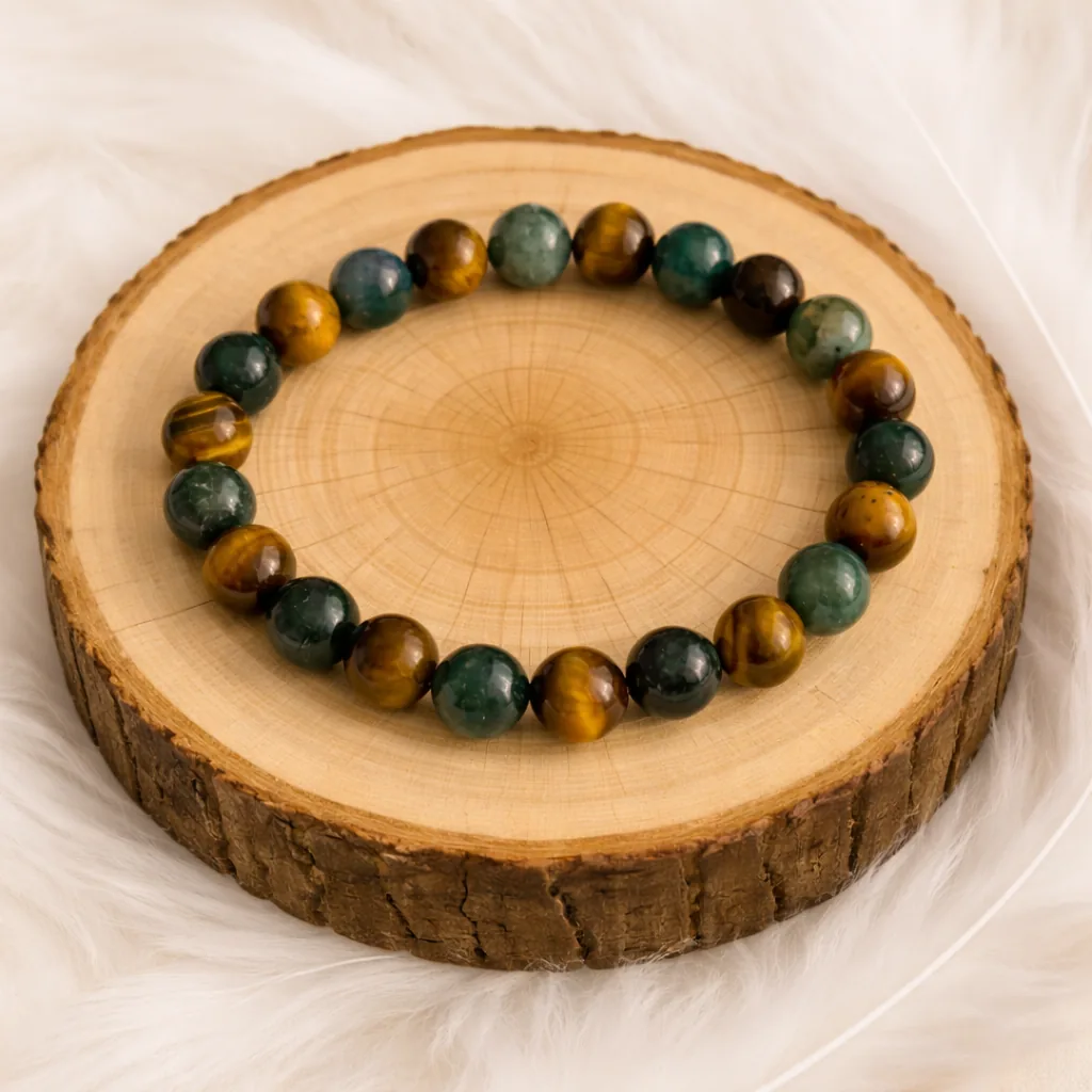 Bracelet Agate Mousse et Œil de Tigre sur rondin en bois – pierres naturelles