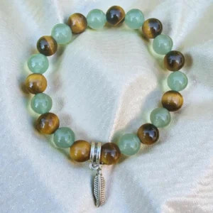 Bracelet aventurine verte et œil de tigre avec pendentif plume argenté