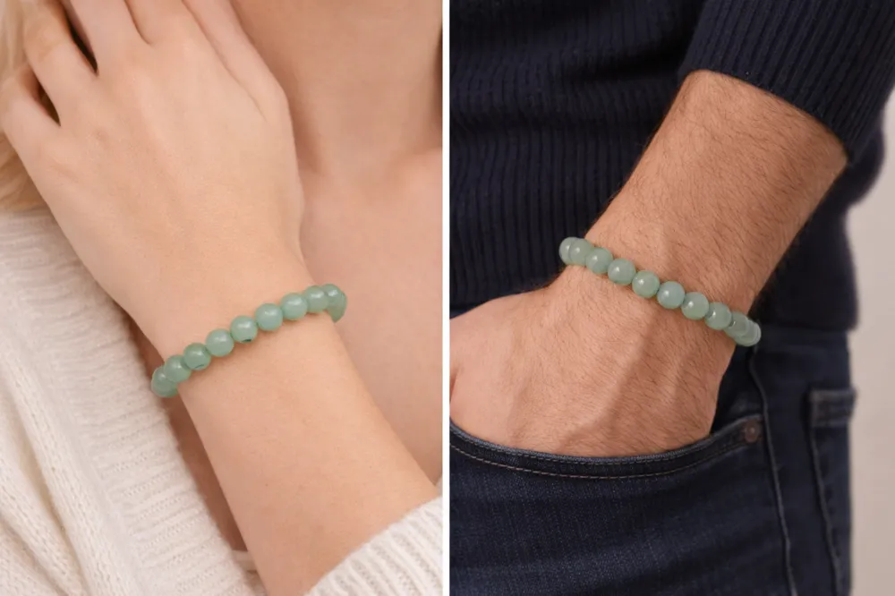 Bracelet en aventurine verte naturelle porté au poignet femme et homme