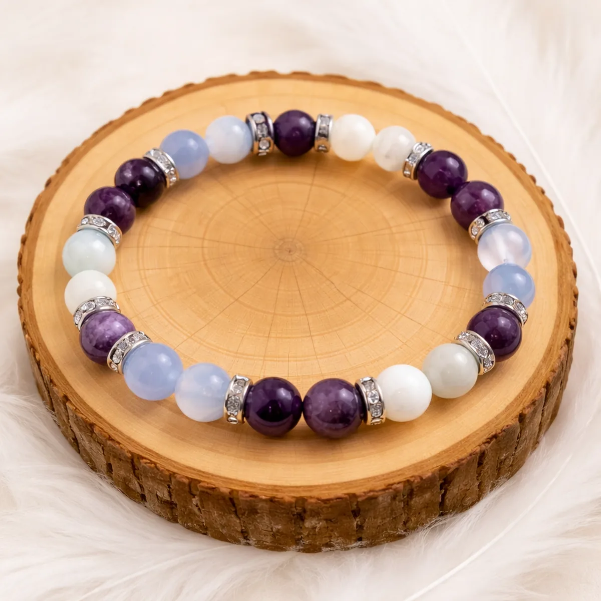 Bracelet ménopause bouffées de chaleur 8mm améthyste calcédoine lépidolite pierre de lune