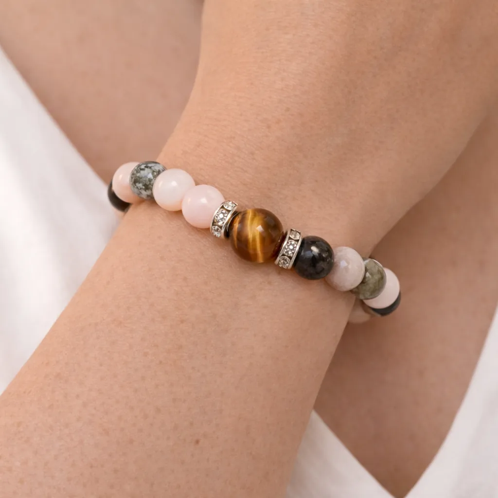 Bracelet opale rose opale mousse et œil de tigre porté au poignet