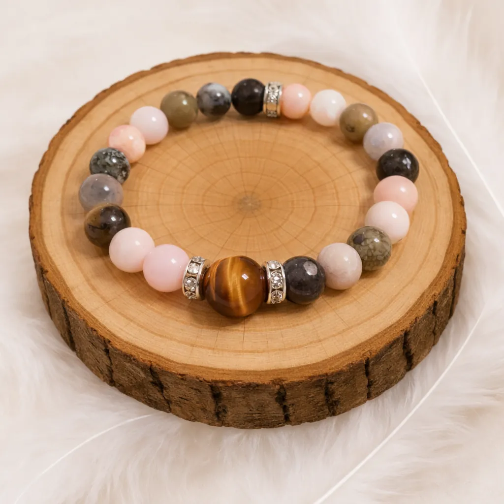 Bracelet opale rose opale mousse et œil de tigre posé sur rondin de bois