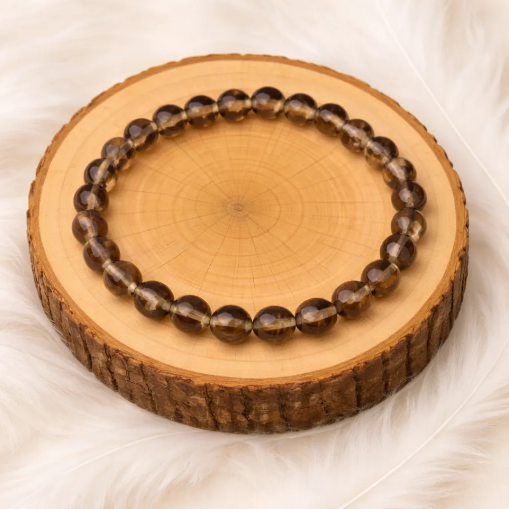 Bracelet quartz fumé en pierres naturelles sur rondin en bois