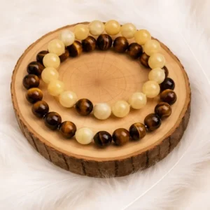 Bracelets duo calcite jaune et oeil de tigre sur rondin en bois