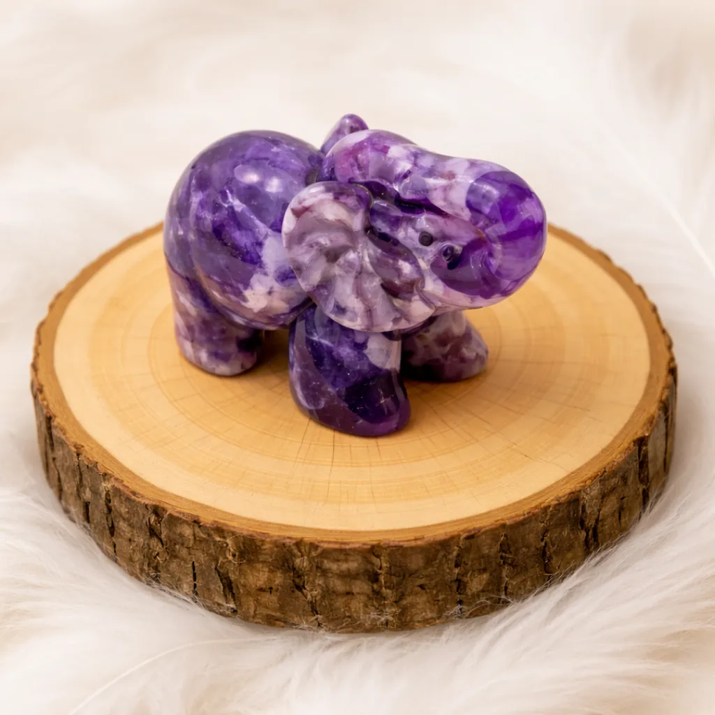 éléphant améthyste sur rondin bois décoration zen