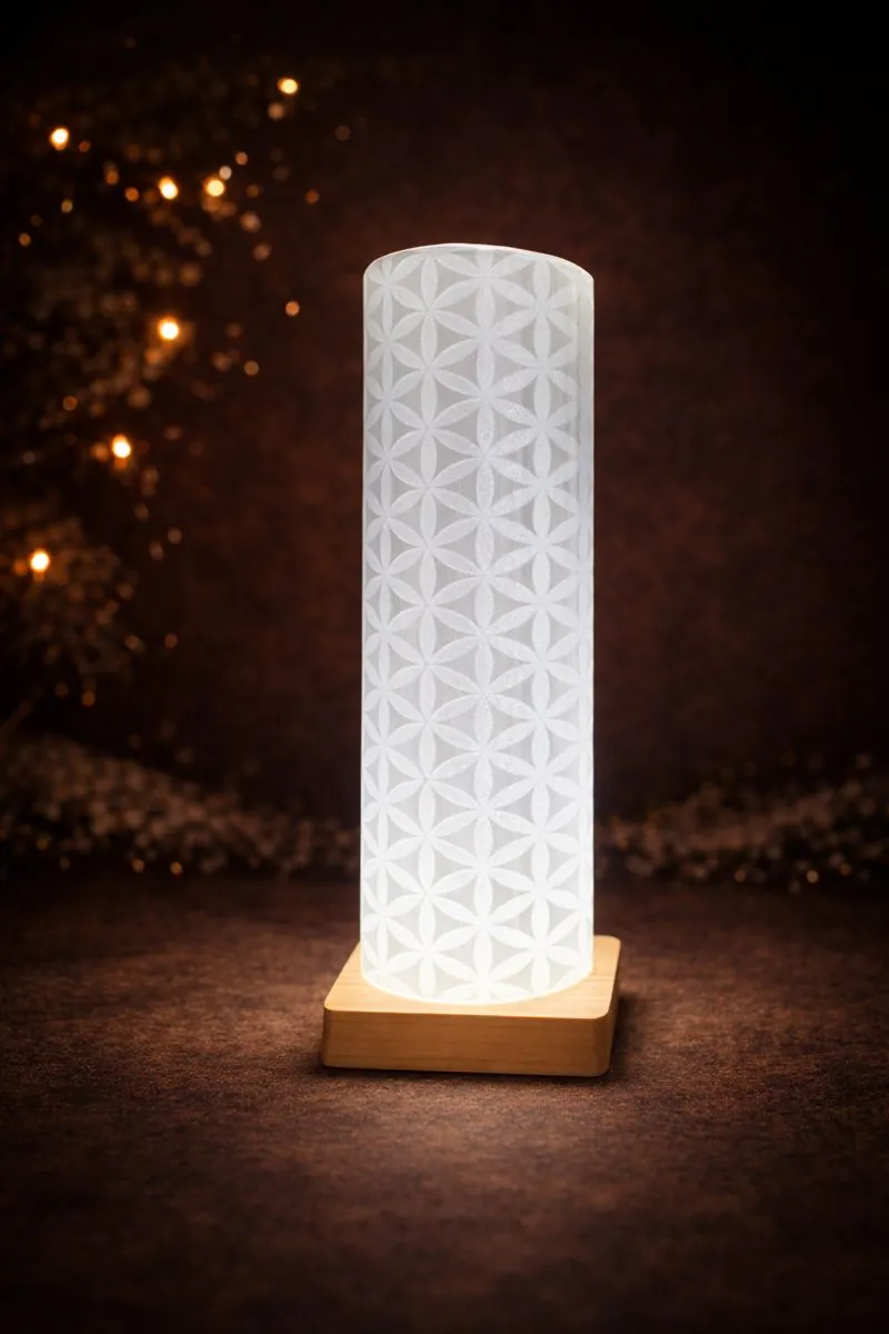 Lampe sélénite gypse Fleur de Vie 31 cm sur socle en bois – lumière douce