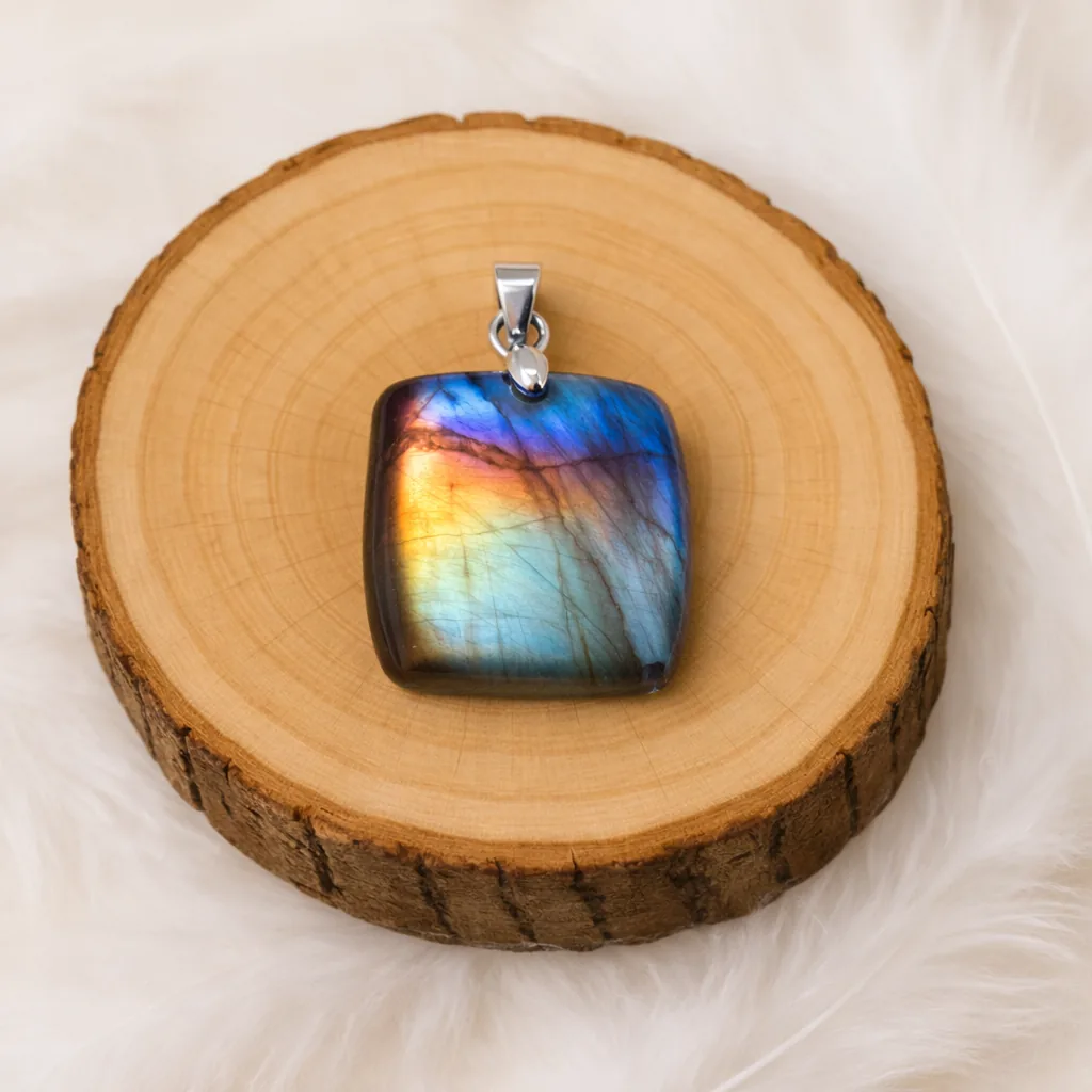 Pendentif labradorite arc-en-ciel carré sur rondin en bois – reflets multicolores