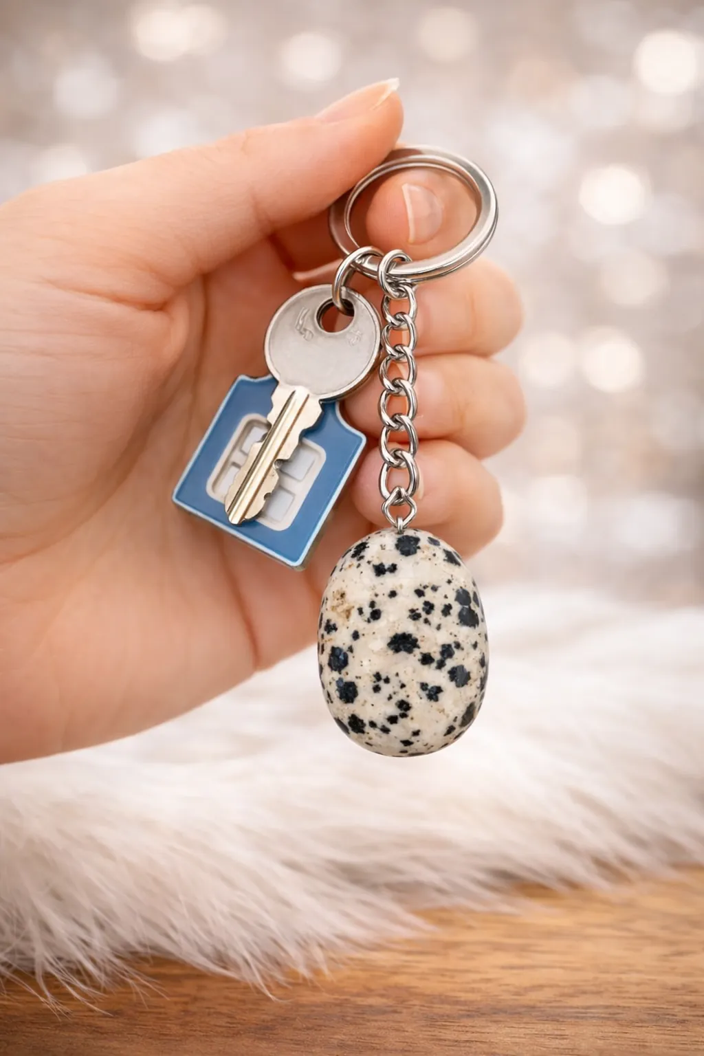 Porte-clés jaspe dalmatien accroché à des clés tenu dans une main