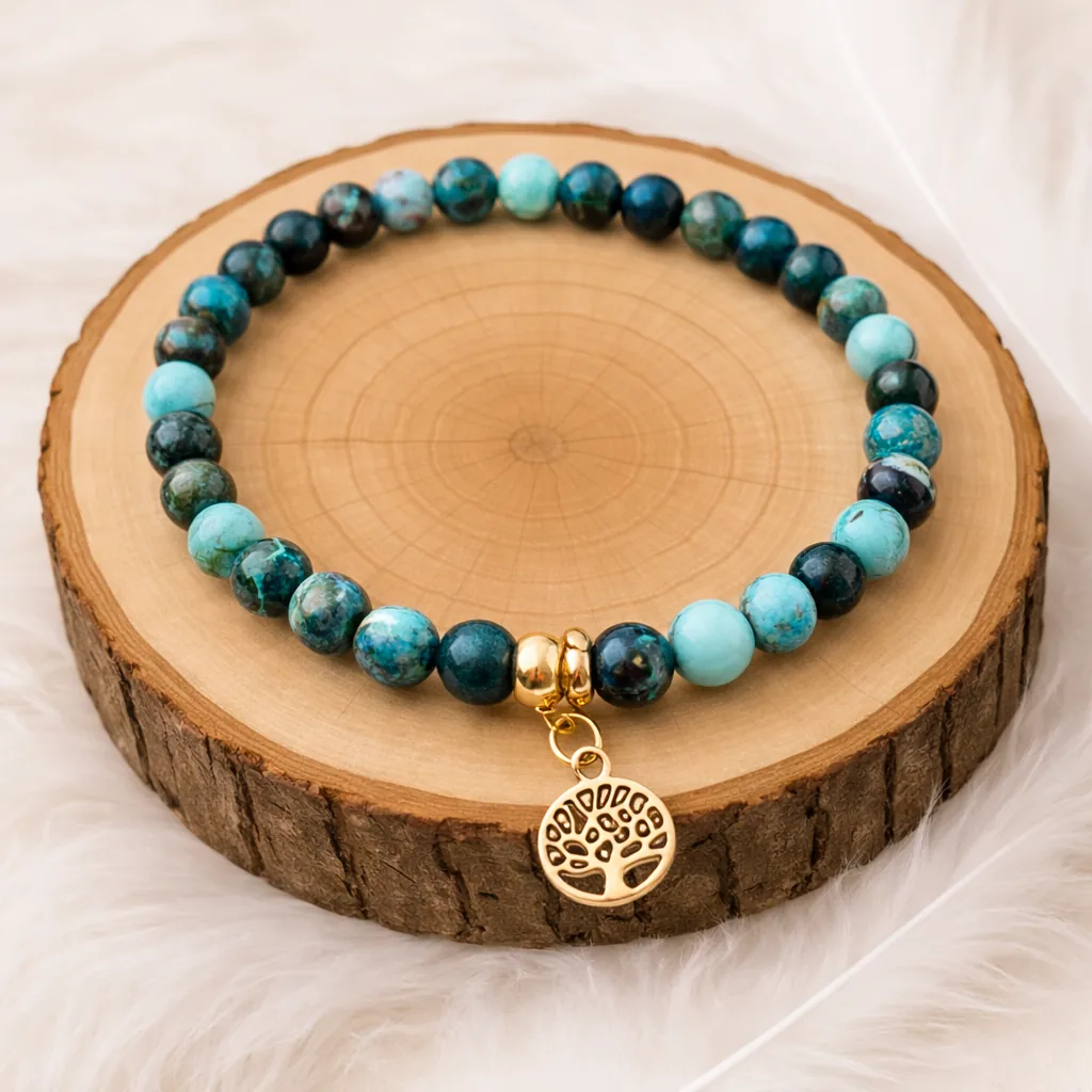 Bracelet chrysocolle en pierres naturelles présenté sur rondin en bois
