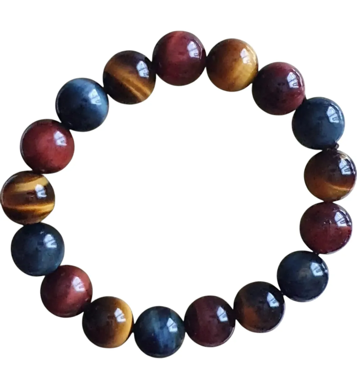 Bracelet œil multiple 12 mm en œil de tigre, œil de faucon et œil de taureau sur fond blanc
