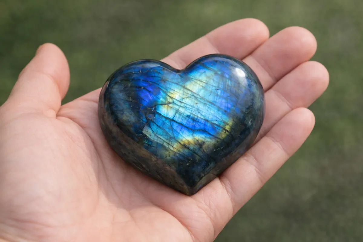 Cœur en labradorite poli n°3 tenu dans une main avec reflets bleus intenses