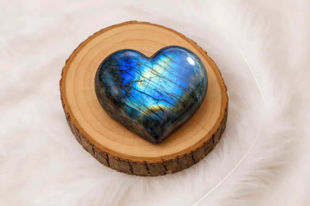 Cœur en labradorite poli n°3 aux reflets bleus posé sur un rondin de bois naturel