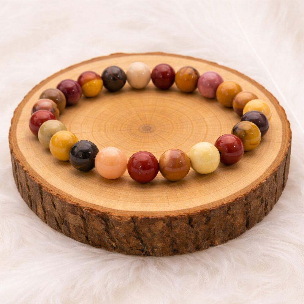 Bracelet Jaspe Mokaïte 8mm multicolore présenté sur rondin en bois