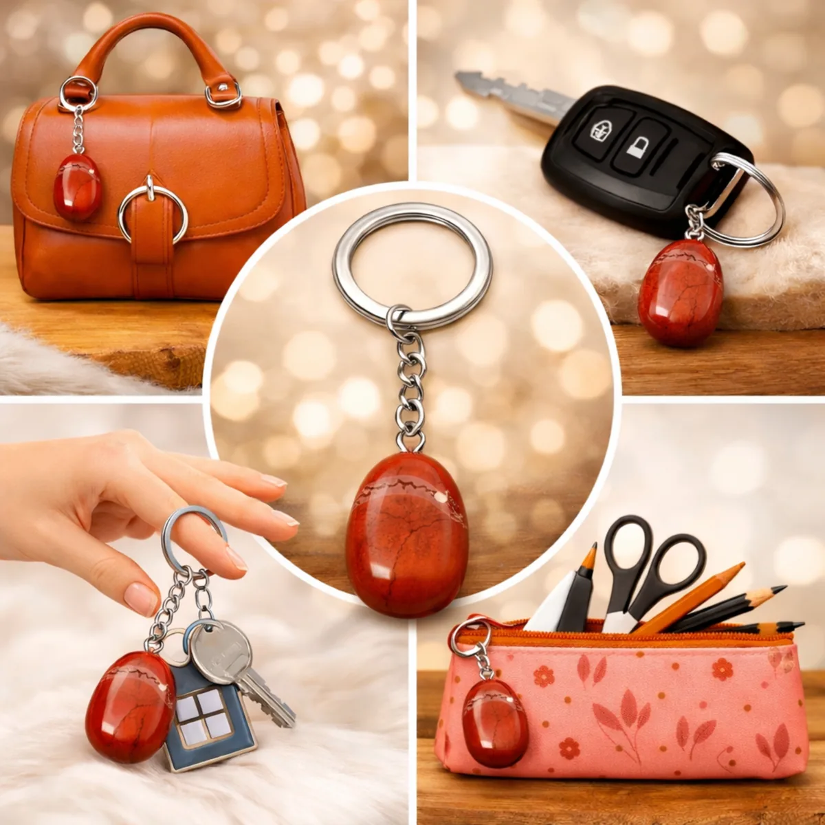 Porte-clés jaspe rouge utilisé comme bijou de sac et accessoire du quotidien