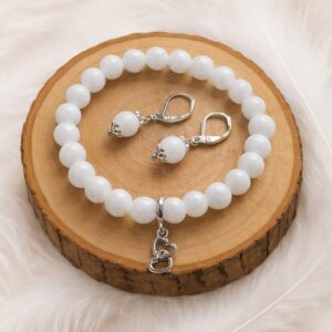 Parure Quartz blanc bracelet et boucles d’oreilles sur rondin en bois