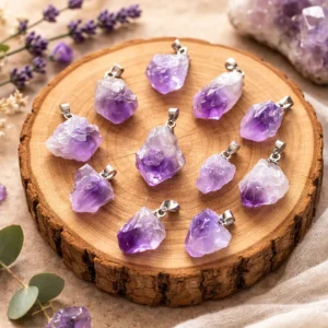 Collection de pendentifs en améthyste brute naturelle présentés sur rondin de bois