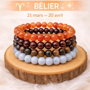 Bracelets Bélier empilés en Cornaline, Grenat, Œil de tigre et Calcédoine sur rondin en bois