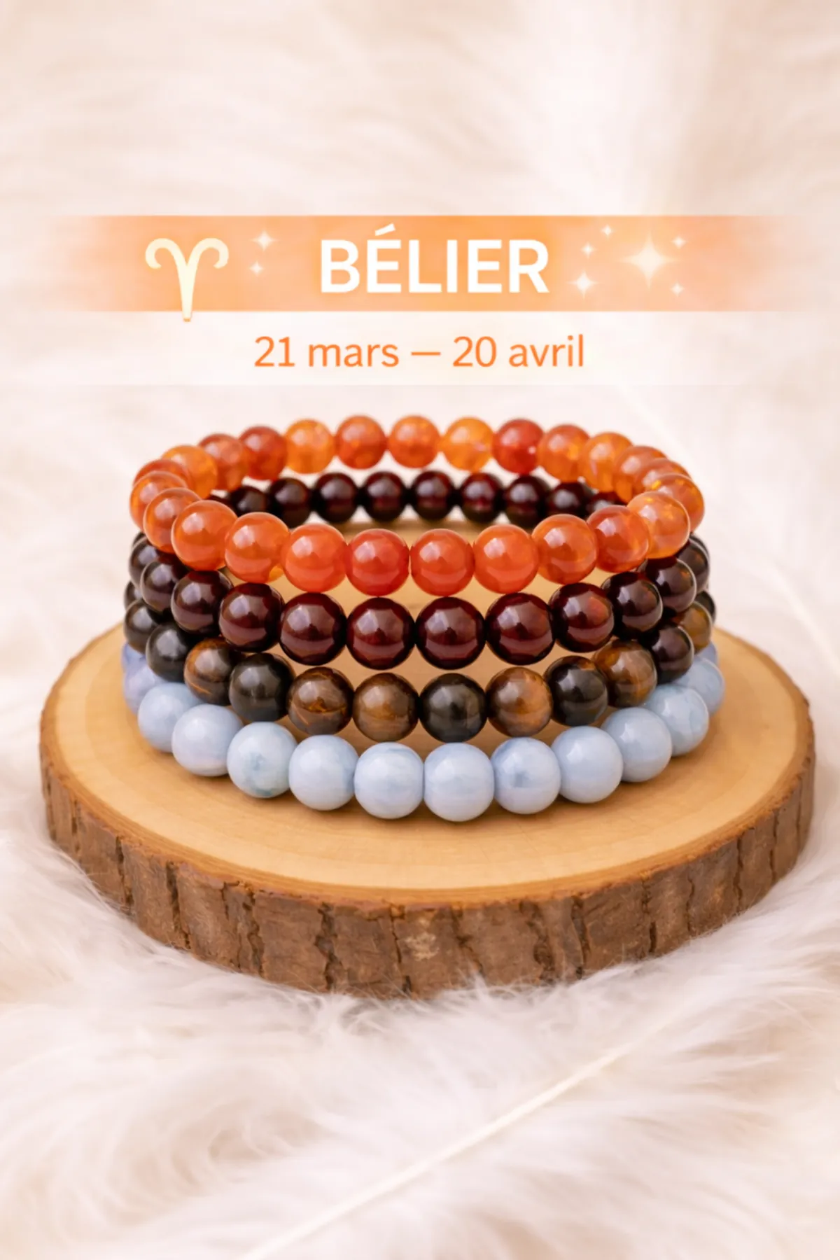 Bracelets Bélier empilés en Cornaline, Grenat, Œil de tigre et Calcédoine sur rondin en bois