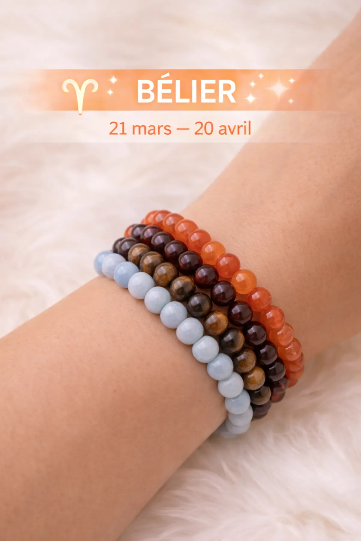 Bracelets Bélier en Cornaline, Grenat, Œil de tigre et Calcédoine portés au poignet