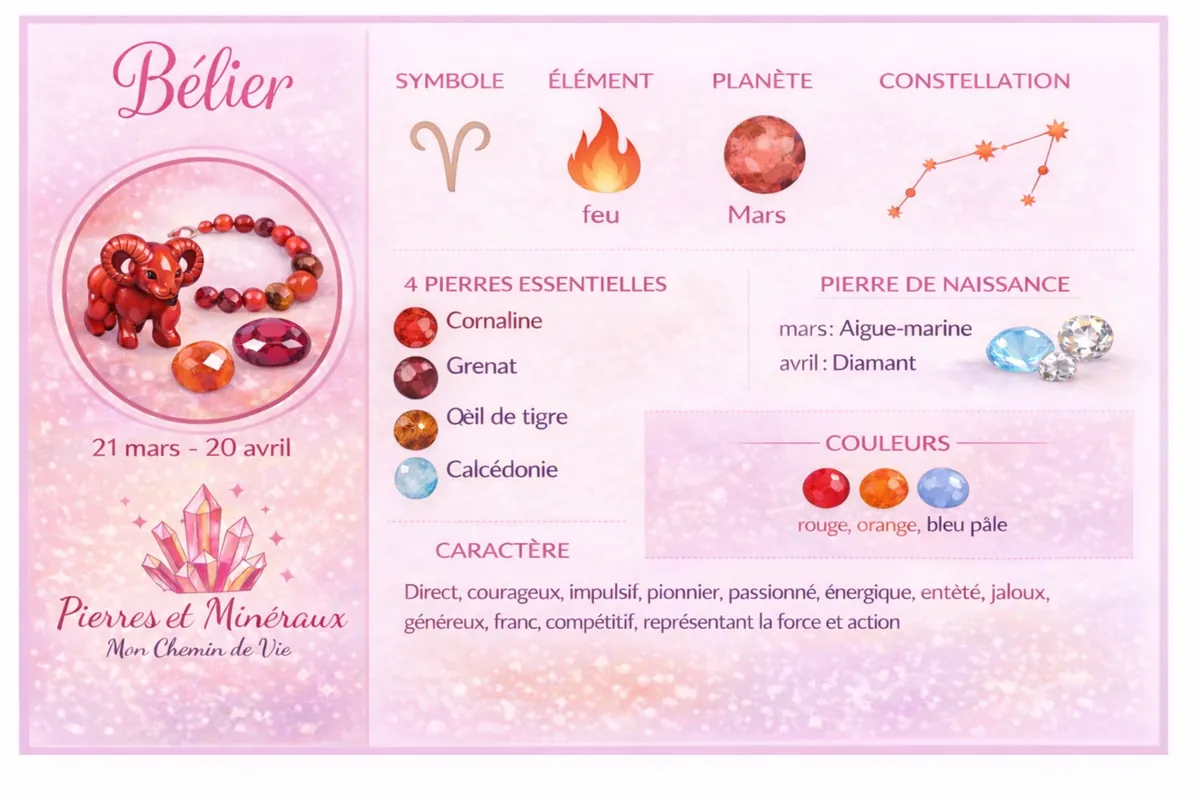 Infographie du signe astrologique Bélier avec ses 4 pierres essentielles : Cornaline, Grenat, Œil de tigre et Calcédoine