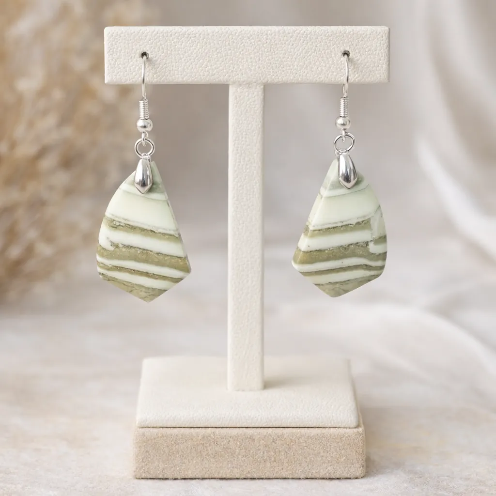Boucles d’oreilles en serpentine naturelle verte et blanche avec attaches argent sur support