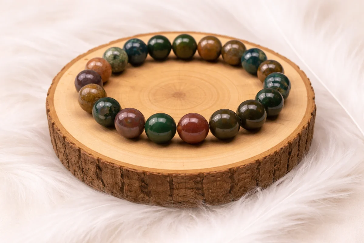 Bracelet en agate indienne naturelle présenté sur rondin en bois fond doux