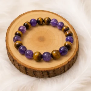 Bracelet Améthyste Oeil de Tigre pierres naturelles sur rondin bois