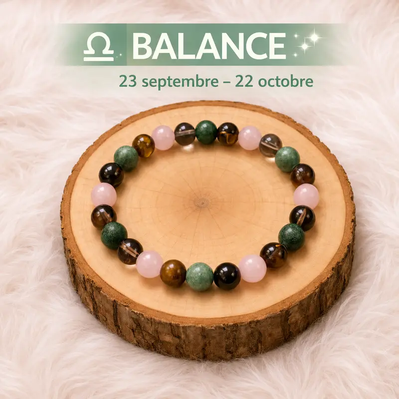 Bracelet astrologique Balance en quartz rose, jade, quartz fumé et œil de tigre sur rondin