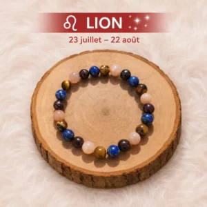 Collection de quatre bracelets Lion empilés en pierre de soleil, grenat, œil de tigre et lapis-lazuli