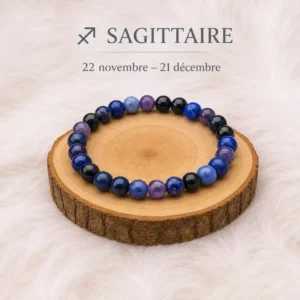 Bracelet astrologique Sagittaire en pierres naturelles bleues, violettes et noires sur rondin