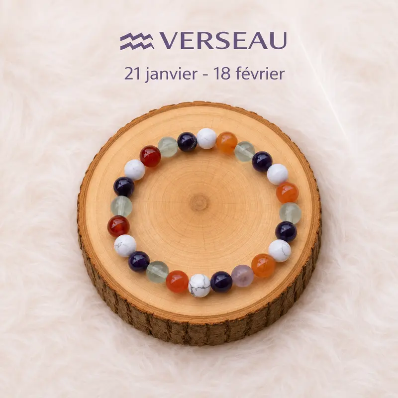 Bracelet astrologique Verseau multicolore en pierres naturelles sur rondin