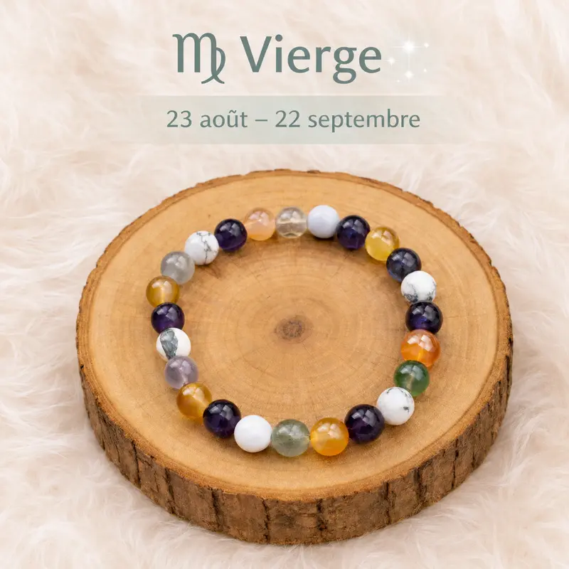 Bracelet astrologique Vierge en pierres naturelles multicolores présenté sur un rondin de bois