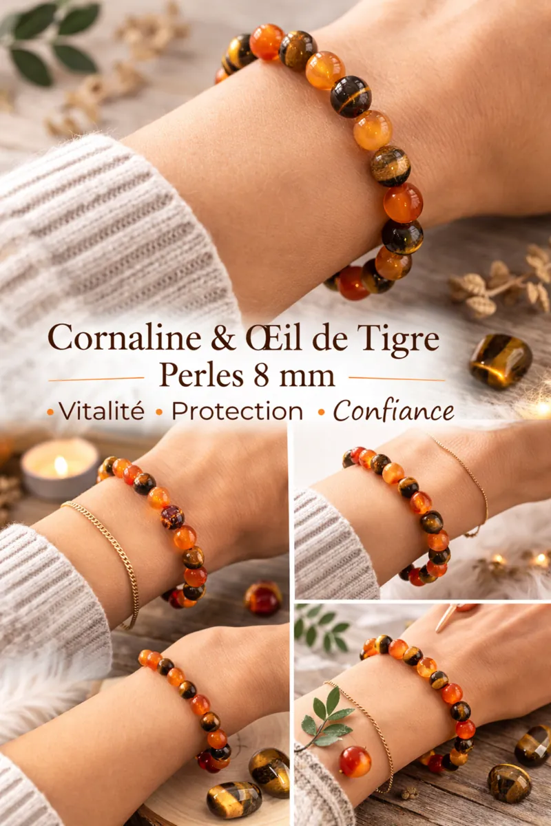 Collage photos bracelet cornaline et œil de tigre porté au poignet perles 8 mm
