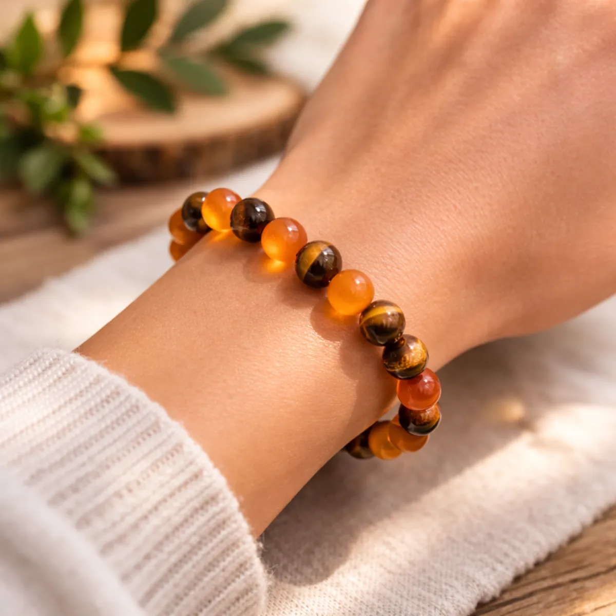Bracelet cornaline et œil de tigre 8 mm porté au poignet femme
