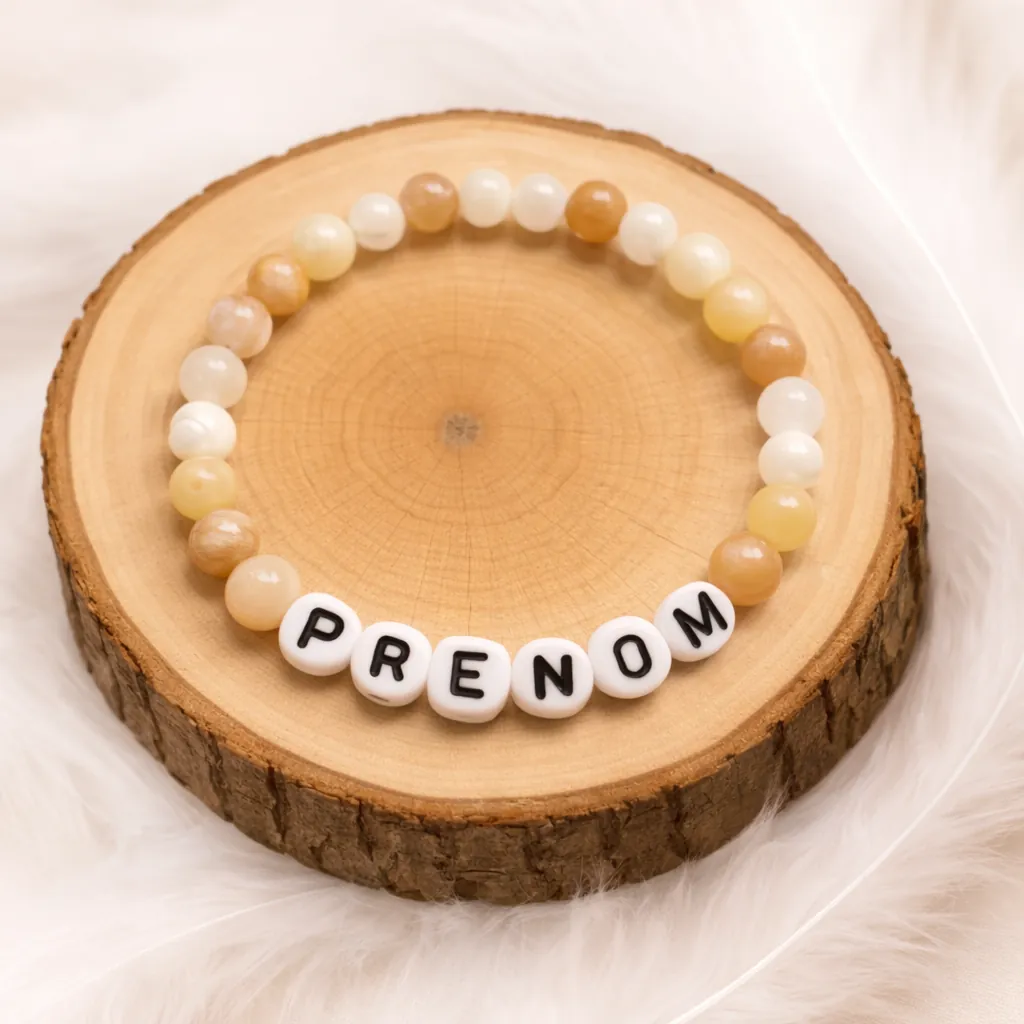 Bracelet prénom enfant en perles pierre de lune posé sur rondin
