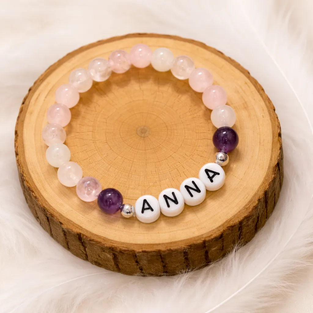 Bracelet prénom enfant ANNA en quartz rose et améthyste posé sur rondin en bois