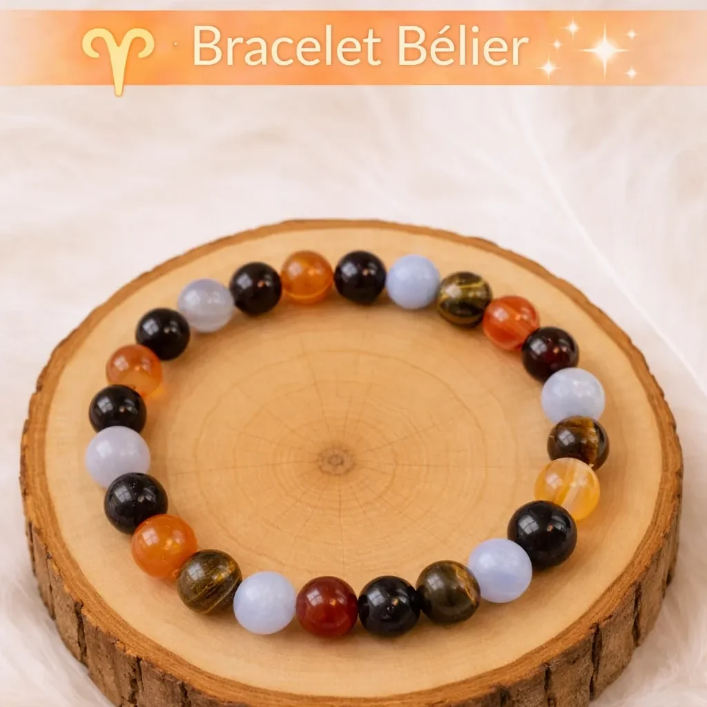 Bracelet Bélier en pierres naturelles (cornaline, grenat, œil de tigre, calcédoine) présenté sur rondin en bois, 21 mars – 20 avril