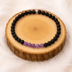 Bracelet Enfant Sommeil Améthyste et Pierre de Lave 4 mm sur rondin bois