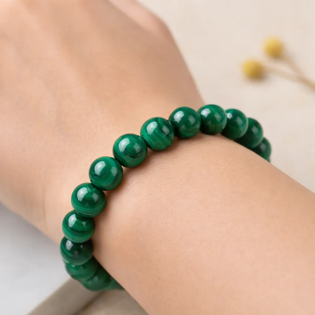 Bracelet malachite en pierre naturelle porté au poignet